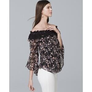 WHBM Womens Lace Floral Crochet Trim Off The Shoulder Lined Blouse M